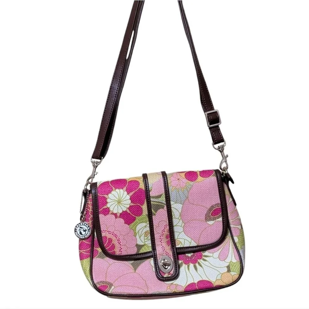 Spartina linen leather floral crossbody satchel in pink white green